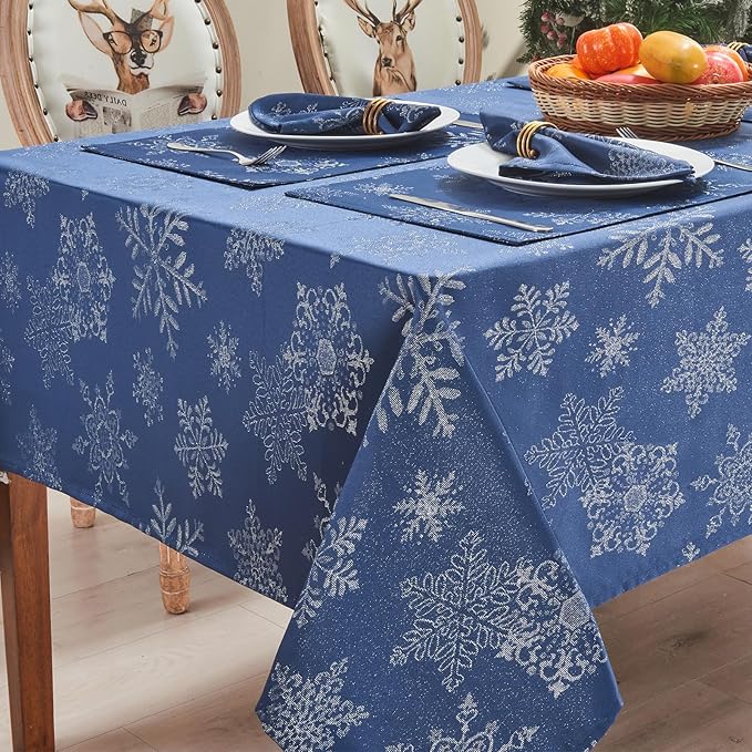 Rectangle Fancy Metallic Sparkling Snowflake Christmas Fabric Table Cloth red Hunter Gold Navy White Silver No-Iron Soil Resistant Woven Holiday Table Cover(Navy Silver/60x84Inch)