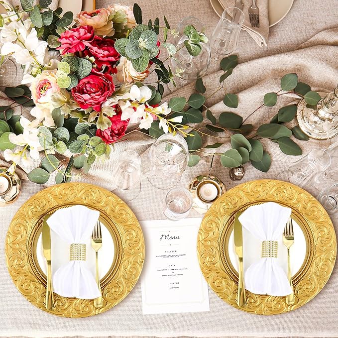 Uiifan 12 Pcs Antique Charger Plates Bulk 13'' Plastic Embossed Dinner Plate Chargers Round Floral Plates for Wedding Decorative Chargers for Table Dinner Kitchen Party Decoration (Gold)