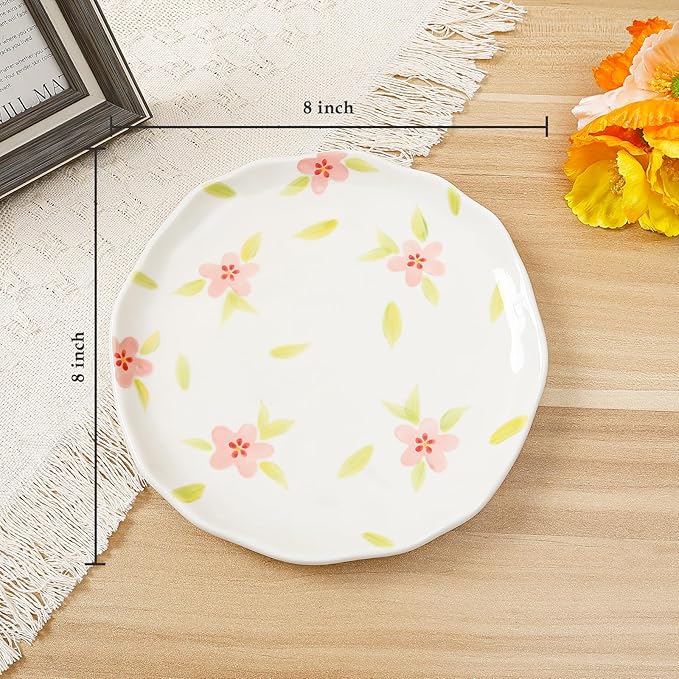Koythin Floral Ceramic Dinner Plates, 8" Microwave Safe Dishes for Pasta, Modern Rustic Appetizer Plate for Salad Fruits Dessert Cake (Retro Pink Flower)