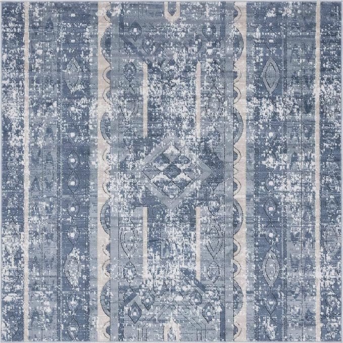 Rugs.com Oregon Collection Rug – 6 Ft Square Blue Low-Pile Rug Perfect for Living Rooms, Kitchens, Entryways