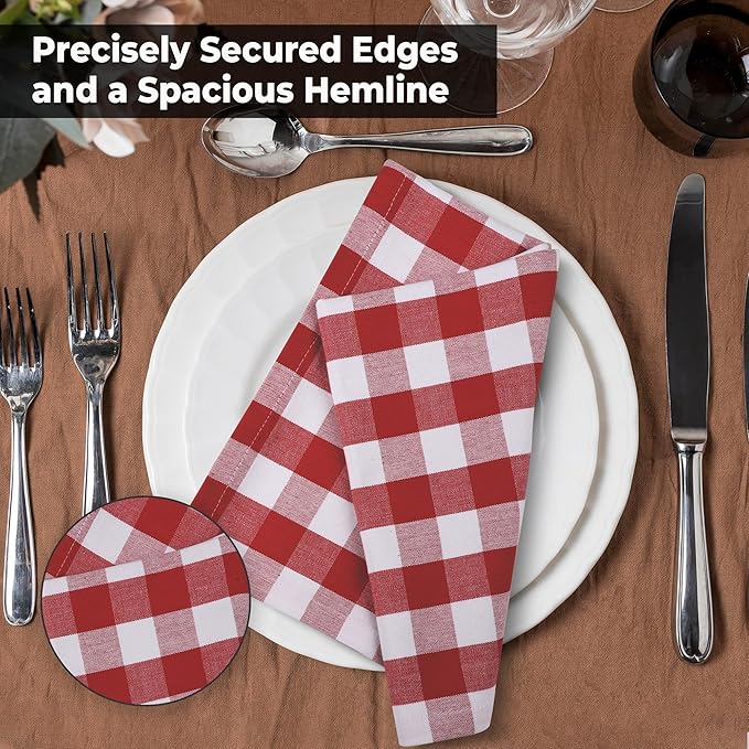 Urban Villa Cloth Napkins Set of 12 20x20 Inches 100% Cotton Napkins Cloth Washable Durable Reusable Absorbent Table Dinner Napkins Cloth for Christmas Hotel Lunch Restaurant Parties- Red White