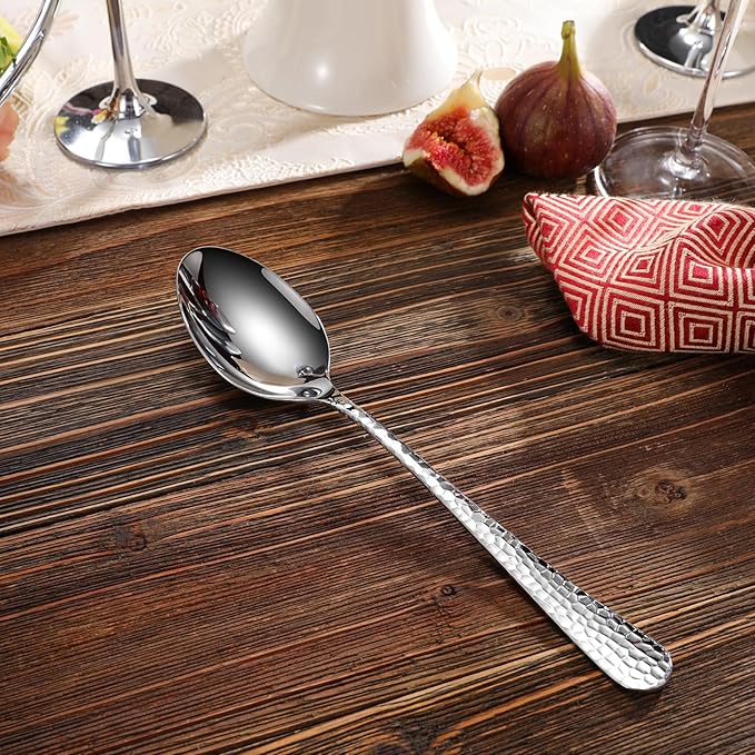 KEAWELL Premium Louise Hammered Serving Spoon Set, 18/10 Stainless Steel, 9" Fine Hostess Utensils With Round Edge, Dishwasher Safe