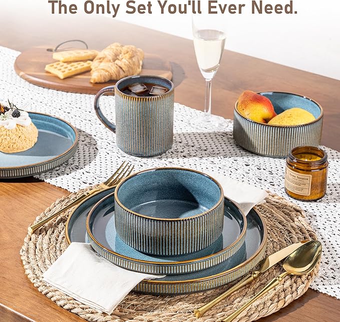GBHOME 12-Piece Stoneware Dinnerware Set for 4 – Ribbed Ceramic Plates and Bowls, Scratch-Resistant, Microwave & Dishwasher Safe, Reactive Glaze, Deep Ocean