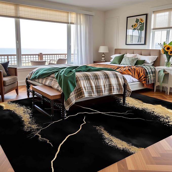 Luxury Black Gold Marbel Pattern Design Area Rug 4x6 for Living Room Bedroom Soft Non Skid Low Pile Big Rugs Under Dining Table Minimalist Floor Mats Nursery Farmhouse Modern Abstract Indoor Carpet