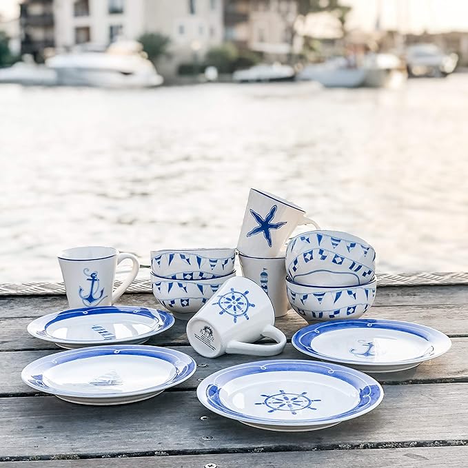Euro Ceramica Ahoy Collection Nautical 12 Piece Dessert Set | Service for 4 | Assorted Designs, Blue & White,Standard,AHO-86001