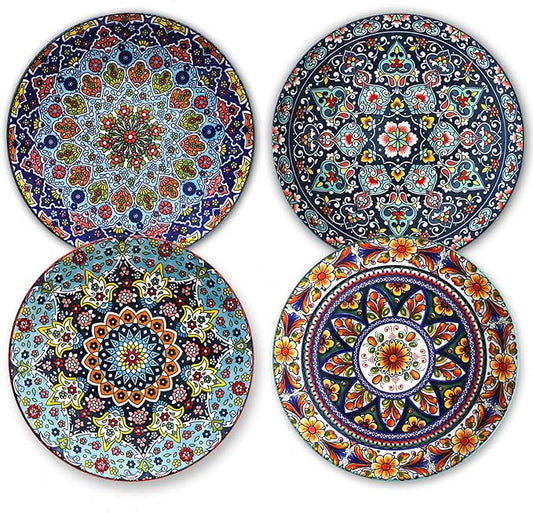 HASENSE Dinner Plate Set of 4, 10.5 Inch Porcelain Plates for Kitchen, Large Salad Plates for Steak, Dishes Set for Restaurant, Microwave, Oven & Dishwasher Safe for Christmas Gift, Bohemian