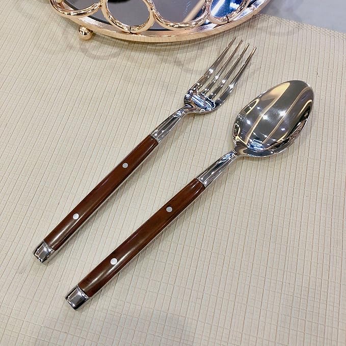 50 Piece Brown Silverware Set for 10 Classic Flatware Set Elegant 18/8 Stainless Steel Western Rivet Cutlery Delicate Utensils for Home Seder Holiday Dishwasher Safe Mirror Polished