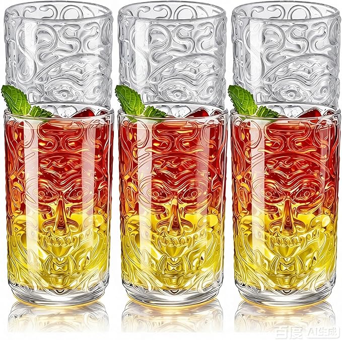 Glass Drinking Glasses Set of 6 Tiki Drinking Glasses Cups 14.5oz for Cocktails,Water,Juice,Beer,Cocktails,Wine Mojito Cups, Cocktail Glass, Bar Glassware Set for Cocktail, Beer, Whiskey