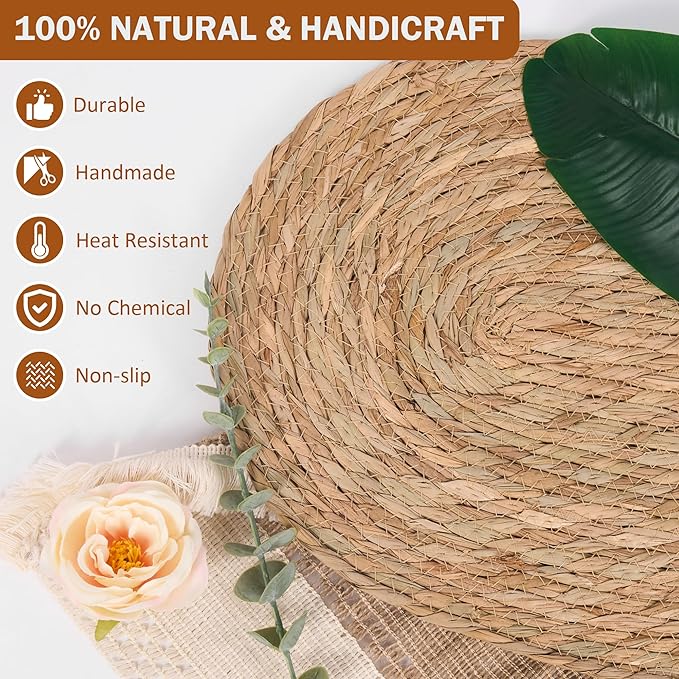 Defined Deco Woven Placemats Set of 10,16"x12"Braided Oval Rattan Table Mats,Farmhouse & Boho Vintage Style for Christmas Dining, Kitchen, and Party Decor