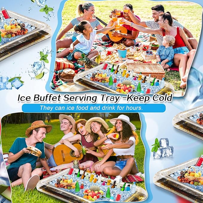 3 Pcs Inflatable Serving Bar Salad Ice Tray Food Drink Candy Buffet Containers Picnic Pool Inflatable Cooler with a Drain Plug and a Hand Pump, 53 x 23.6 x 4.7 Inch(Black)