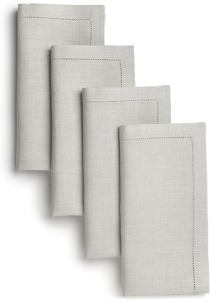 D'Moksha Homes Silver Grey Linen Napkins Set of 4 - Classic Hemstitch 100% Pure Linen Dinner Napkins Cloth 20 x 20 Inch for Winter, Christmas, Holiday, New Year - Handcrafted and Machine Washable
