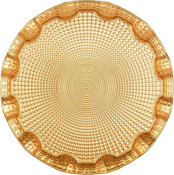 Alisveristime Round Metal Serving Tray for 6 – Ottoman Motif, (13.8" Diameter, 17.5 oz) (Gold)