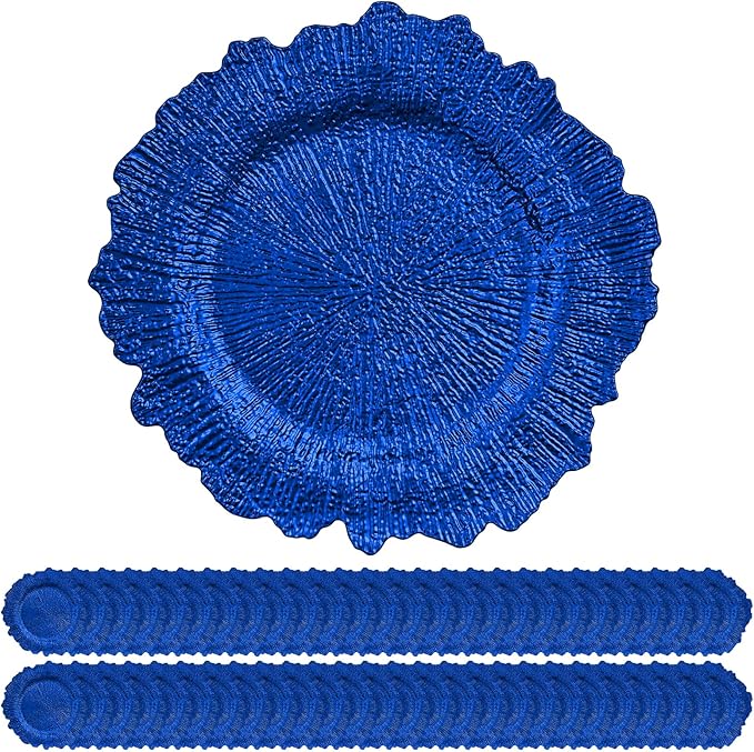50 Pack Royal Blue Charger Plates Bulk, 13" Plastic Reef Chargers for Dinner Plates, Round Charger Plate with Floral Reef Design for Dinner Wedding Party Table Setting Decoration