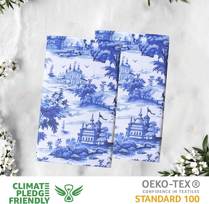 Urban Villa Cloth Napkins 100% Cotton Dinner Napkins Highly Absorbent 20x20 Inches (Set of 12) French Toile Blue Reusable Washable Soft Durable Premium Napkins Ideal for Home Wedding Parties