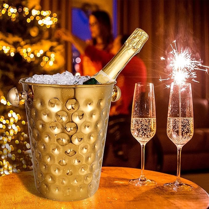 BARsics 5-Quart Metal Golden Champagne Bucket, Hammered Mirror Finish Stainless Steel Ice Bucket for Party, Wedding, Banquet (Gold/Pack of 2)