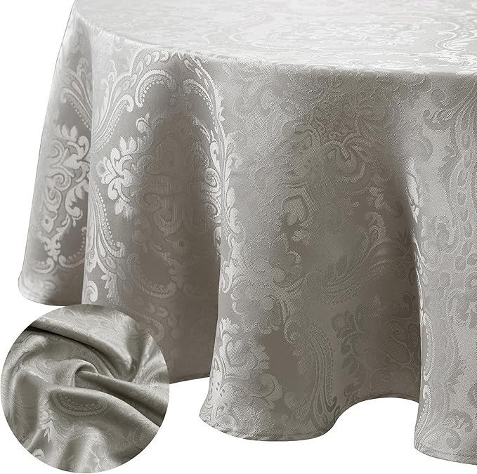 Elrene Home Fashions Caiden Elegance Damask Waterproof, Stain & Wrinkle Resistant Fabric Tablecloth, 60" x 84" Oval, Silver