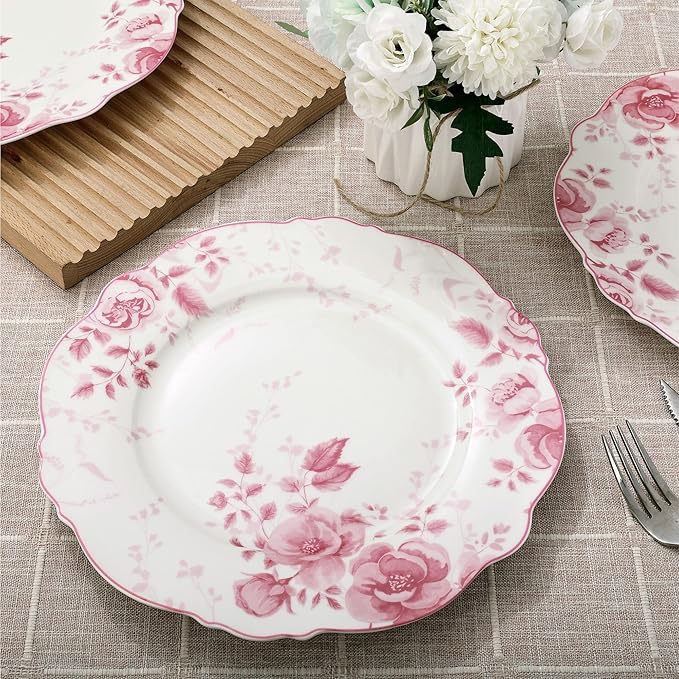 fanquare Pink Floral Dinner Plate Sets of 4, 10.5 Inch Large Round Porcelain Pasta Appetizer Steak Serving Dishes for Microwave & Dishwasher Safe