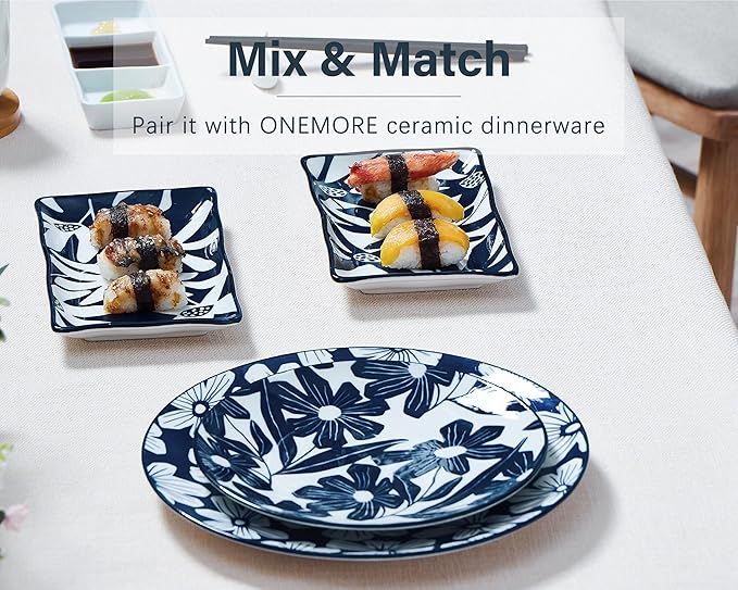 ONEMORE Rectangular Serving Plates Set of 6-7.5 inch Ceramic Blue and White Appetizer Plates - Microwave, Oven & Dishwasher Safe, Classic Style, Sturdy, Scratch Resistant - Vintage Blue