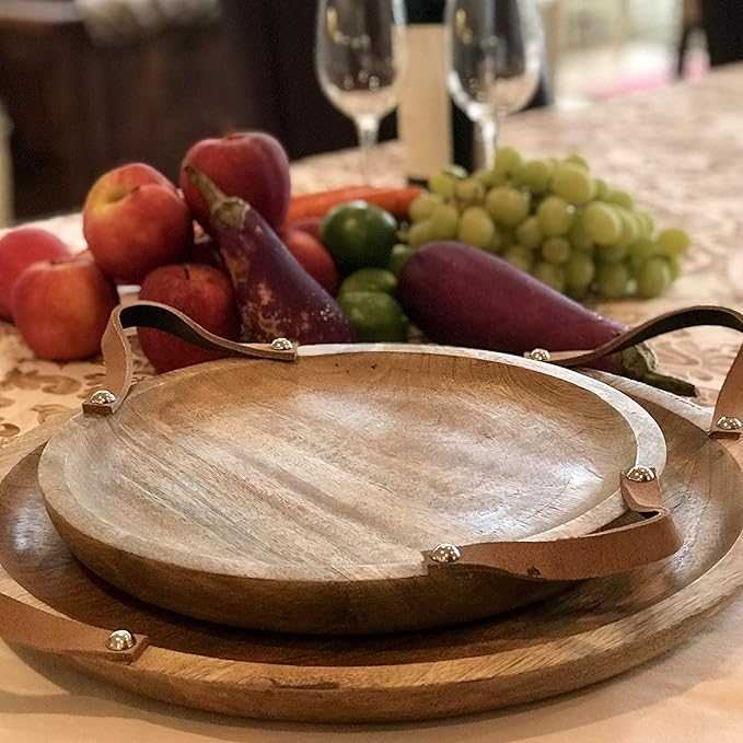 Mango Wood Board Server Trays, Set of 2, Desserts, Charcuterie, Snacks, Serving, Brown Leather Handles, Rustic Rounds, 15 and 12 Inches Diameter