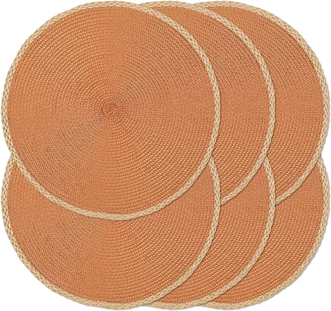Noctiflorous Round Placemats Set of 6, 15 Inch Braided Hand Woven Table Mats, Heat Resistant Non-Slip Wipeable Thin Edge Place Mats for Kitchen Dining Indoor Outdoor Use(Orange, 6)