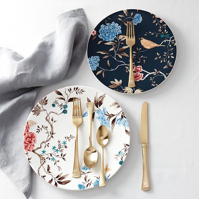 Lenox Monogrammed Portola Gold 20-Piece Stainless Steel Silverware Set, Custom Engraved Flatware Set Includes Service for 4 with Personalized Initials