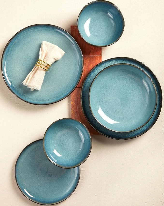 10 Inch Dinner Plates Set of 6, Wavy Rim Stoneware Plates, Microwave & Dishwasher Safe, Ceramic Plates for Steak, Pizza, Lunch, Serving, Green Black