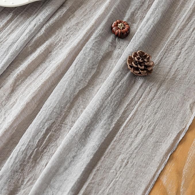 Keketoarrange Grey Gauze Rustic Cheesecloth Table Runner 120 Inch 10 FT for Wedding Baby Shower Bridal Shower Birthday Engagement Garden Outdoor Party Long Sheer Boho Decorations