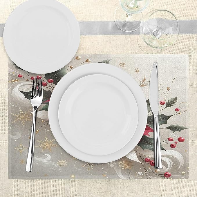 Ambesonne Christmas Place Mats Set of 4, Traditional Xmas with Poinsettia Flowers Ornate and Snowflakes, Washable Fabric Placemats for Dining Table, Standard Size, Pale Vermilion and Grey Teal