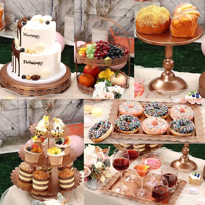 6 Pcs Rose Gold Cake Stands Set, QENUIITEA Cake Display Pedestal Tiered Cupcake Holder Dessert Plate Serving Tower Tray Decorative for Wedding Birthday Party Baby Shower Celebration