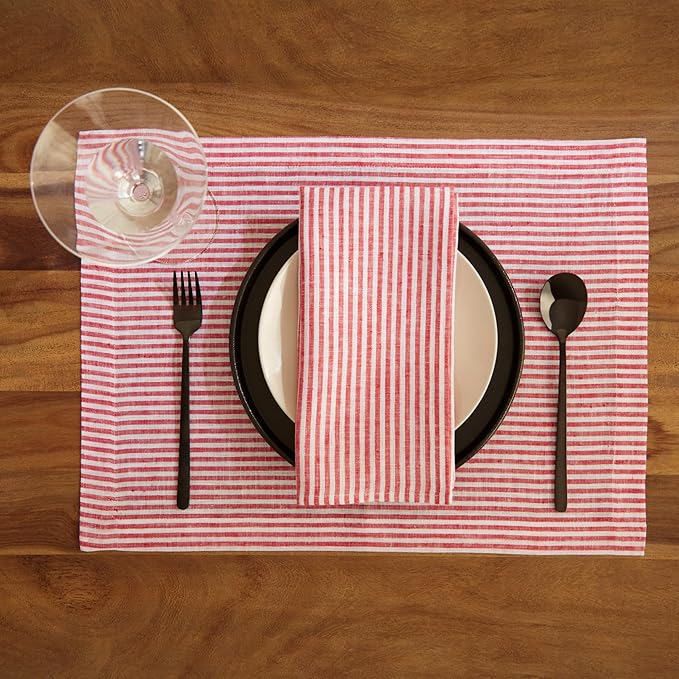 Solino Home Linen Cloth Placemats Set of 4 - Narrow Stripe 100% Pure Linen Red and White Farmhouse Placemats 14 x 19 Inch for Christmas, Holiday, Winter, New Year