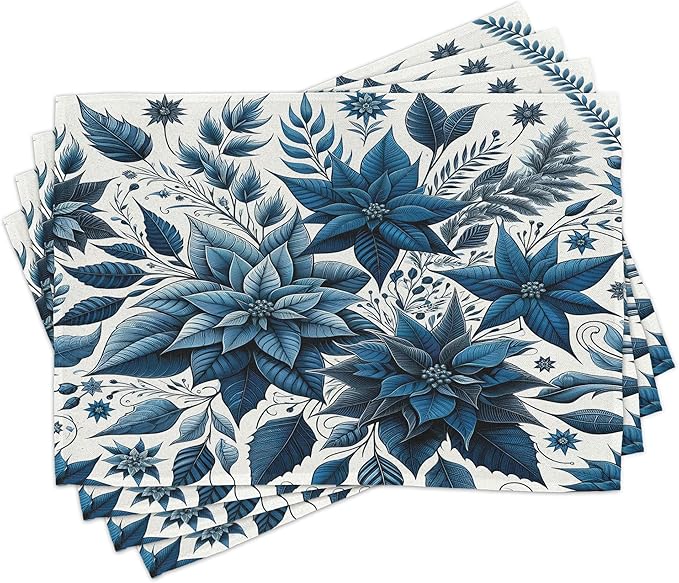 Ambesonne Christmas Place Mats Set of 8, Monochromatic Poinsettia Flowers Xmas Theme Illustration Print, Washable Fabric Placemats for Dining Table, Placemat 8 pcs, Night Blue and Dark Sky Blue