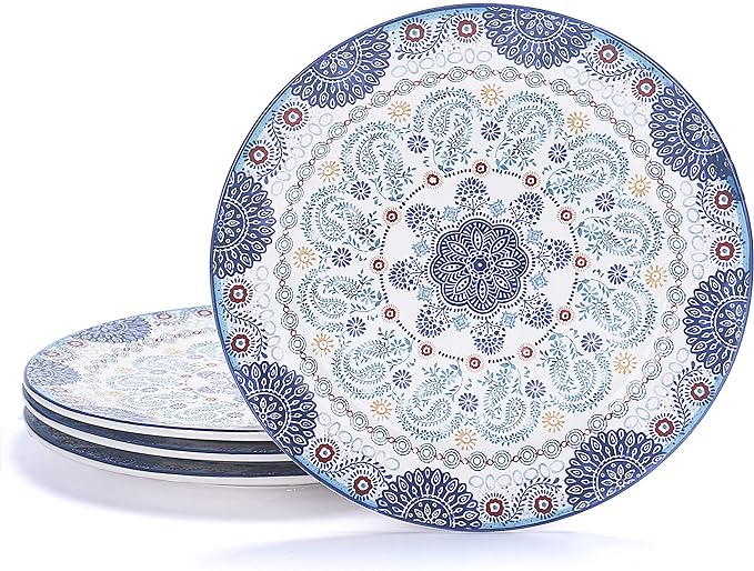 Bico Blue Talavera Dinner Plates Set of 4, 11 Inch Large Ceramic Plates for Pasta, Steak, Stylish Serving Dishes, Microwave and Dishwasher Safe, Gift for Housewarming and Thanksgiving
