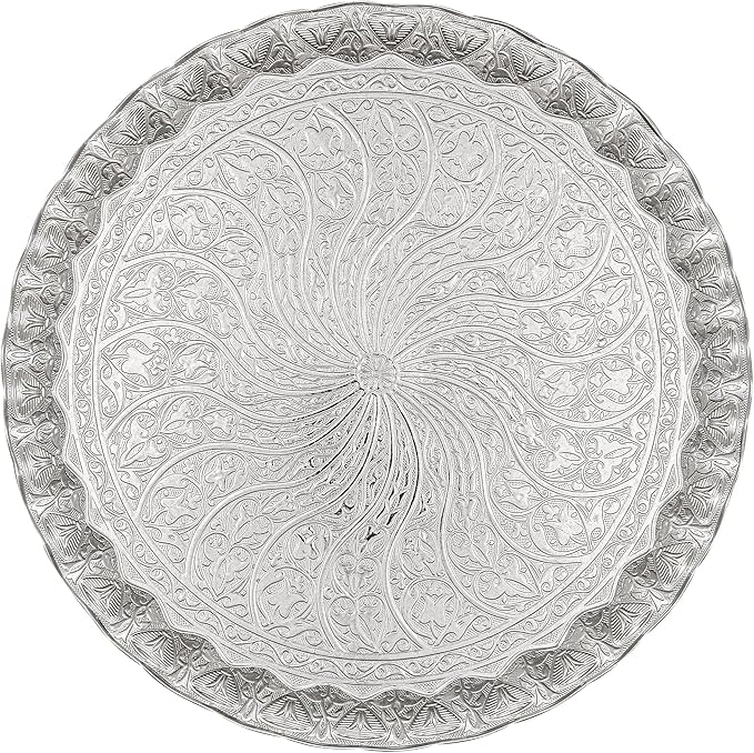 Alisveristime Turkish Ottoman Coffee Tea Serving Tray – 11.8 Inches, Wavy Zamac Tray with Traditional Motifs, Available in Five Color Variations (Silver)