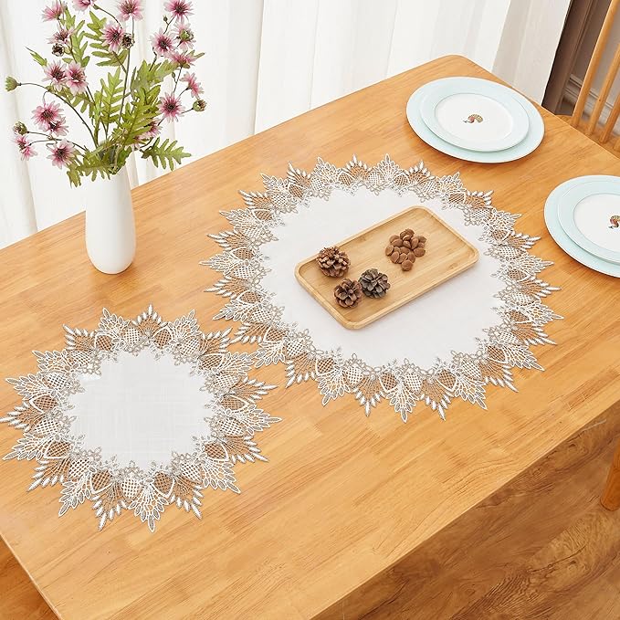 White Linen Doily 24 inches Round Neutral Earth Tones Beige Lace Coffee Table Topper Dresser Scarf Place Mats (White, 24” Round)