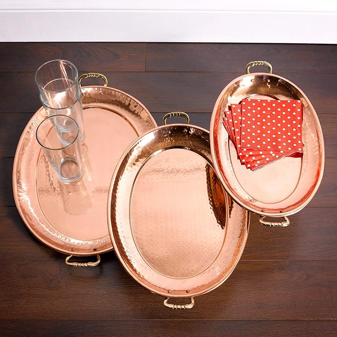 Old Dutch 250 Hammered Copper Oval Trays with Cast Brass Handles, Set of 3, 17" x 13"/15" x 11"/131/4" x 83/4"