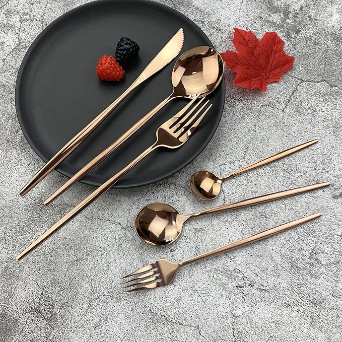 JASHII Silverware Set, Mirror Polished Copper Flatware Cutlery Set Service for 4, Shiny Finish 24 Pieces Stainless Steel Utensils Set Dinner Knife Fork Spoon Dessert Fork Salad Spoon Dishwasher Safe