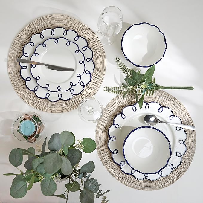 Sango 12-Piece Earthenware Dinnerware Set for 4, Glossy White Plates and Bowls Sets with Navy Scalloped Rims, Premium Dish Set, Holiday Dishes for Gifting & Hosting Christmas Party, Splash of Cheers