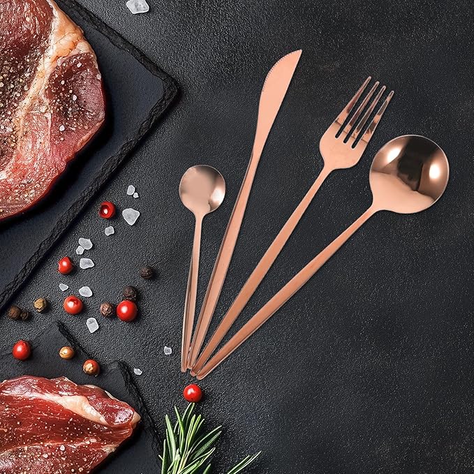 Zerodeko 24pcs Stainless Steel Flatware Set Rose Gold Plated Steak Fork Spoon Cutter Tea Spoon Black Box Serving Utensil Set for Parties and Western Dinnerware
