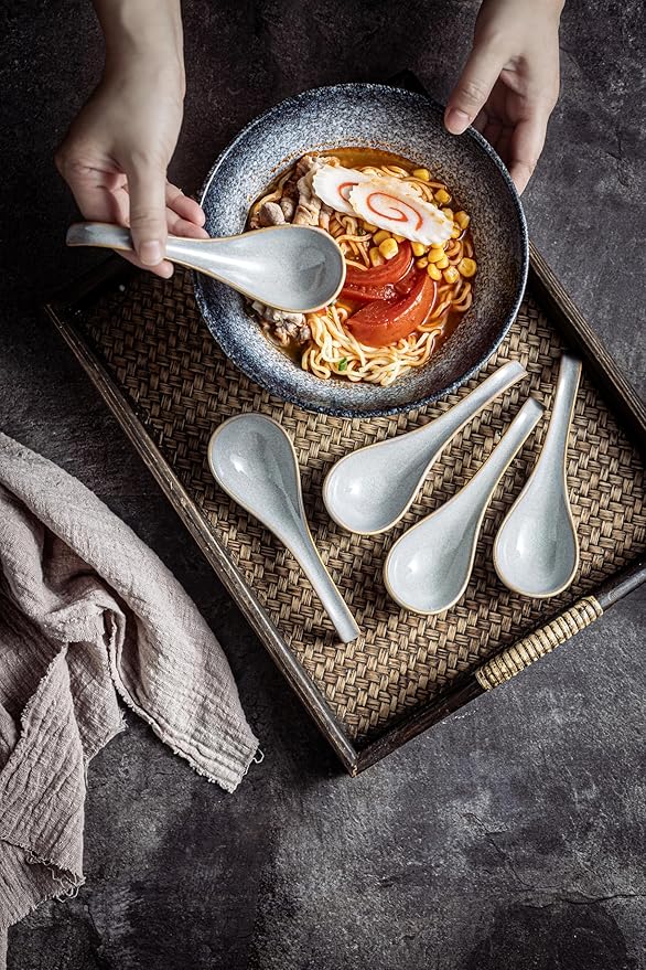 LYEOBOH Ceramic Asian Soup Spoons Set of 6 with Long Handle for Kitchen, Restaurant, Japanese Ramen Spoons with Deep Hook Design, Dishwasher & Microwave Safe, Gray