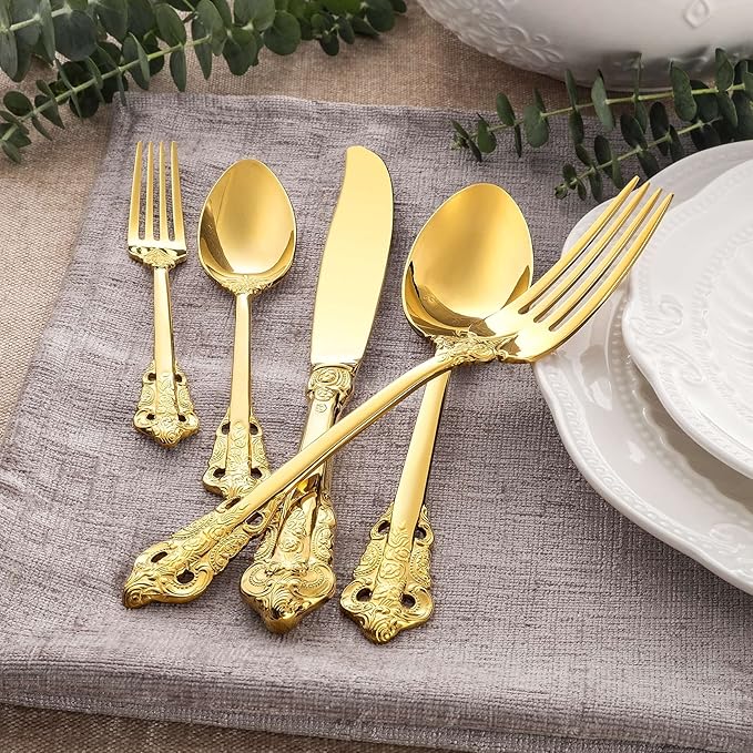 KEAWELL Luxury 45-Piece Flatware Set, 18/10 Stainless Steel Tableware, Service for 8, Antique Baroque Gold-Plated Silverware Set (Gold)