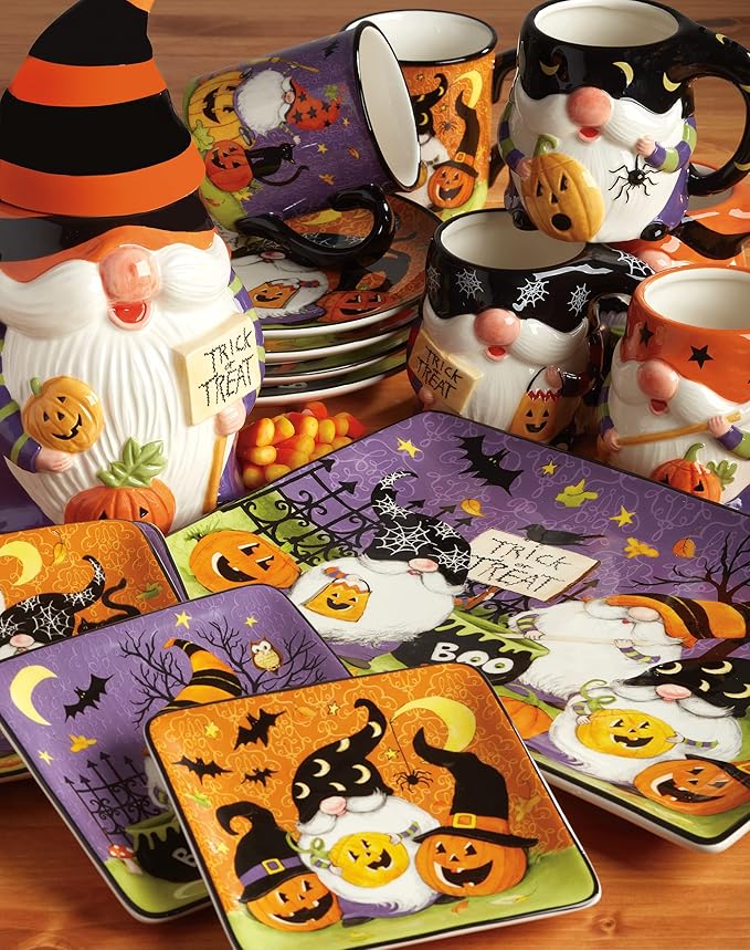 Certified International Halloween Gnomes 6" Canape/Luncheon Square Plates, Multicolor, Small, Set of 4 (Pack of 2)