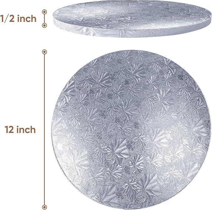 Cakebon Round Cake Boards - Sturdy 1/2 Inch Thick Drums - 12 Inch Professional Smooth Straight Edges Silver 6-Pack