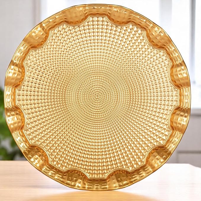 Alisveristime Round Metal Serving Tray for 6 – Ottoman Motif, (13.8" Diameter, 17.5 oz) (Gold)