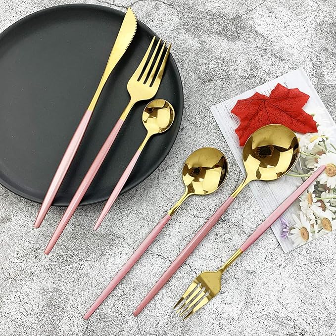 JASHII 18/10 Silver Silverware Set Stainless Steel Flatware Utensils Set Gold Cutlery Set| 24-Piece Modern Cubiertos Dorados| BEST Birthday Wedding Gift (4 Sets, Pink Handle Gold Mirror Polish)