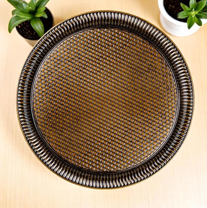 Alisveristime Round Hammered Metal Serving Tray – Ottoman Style, (11.8" Diameter, 12.6 oz) 5 Color Options (Antique Green)