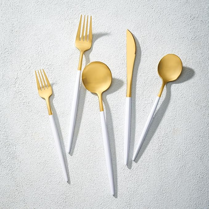 Vikko Decor Modern Flatware Set: Matte White and Gold Silverware Set, 18/10 Stainless Steel, Fancy Long Handled Cutlery, Two Toned Silverware for Upscale Dining, 20 Pc Set, Service for Four(4)