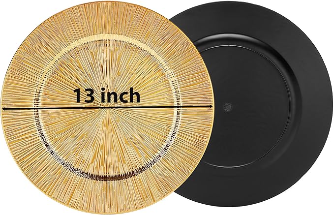 Value Set of 24 Charger Plates, Gold Plastic Dinner Chargers 13 Inch Multi-Use for Holiday Decor Restaurant Catering Special Events