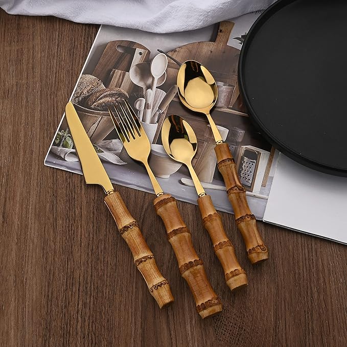 Stainless Steel Flatware Set, Bamboo Handle Silverware Set, Reusable Eating Utensils for Home Kitchen and Restaurant, Modern Gold Cutlery Set, 8 Pieces Dinner Forks