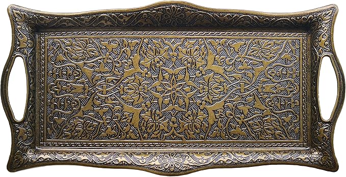 Metal Serving Tray with Raised Edges, Vintage Design Tray, Rectangular Metal Serving Tray, Decorative Serving Platter, Turkish Ottoman Coffee Tea Beverage Serving Square Tray (Aged Yellow)