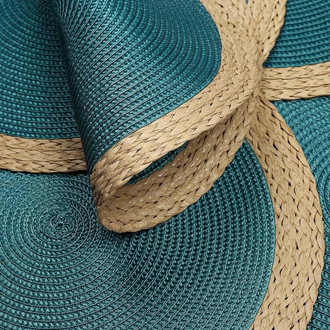 Noctiflorous Round Placemats Set of 4, 15 Inch Braided Hand Woven Table Mats, Heat Resistant Non-Slip Wipeable Wide Edge Place Mats for Kitchen Dining Indoor Outdoor Use(Blue, 4)